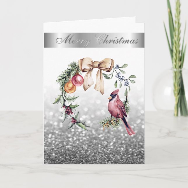 Cartes Pour Fêtes Annuelles Cardinal Rouge Holly Berry Silver Bokeh (Devant)