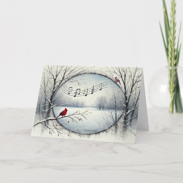 Cartes Pour Fêtes Annuelles Cardinal Rouge Oiseaux Bois enneigés Notes de musi (Devant)