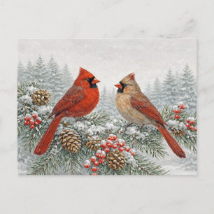 Cartes Pour Fêtes Annuelles Cardinal rouge paire aquarelle d'hiver sur pin enn