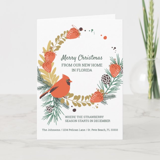 Cartes Pour Fêtes Annuelles Cardinal Strawberry Christmas Wreath Nouvelle adre (Devant)