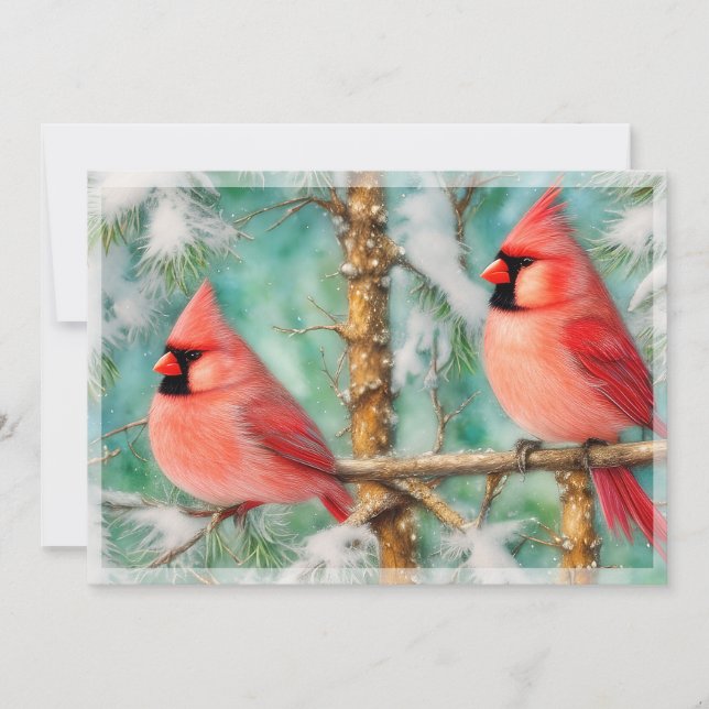 Cartes Pour Fêtes Annuelles Cardinaux dans un arbre enneigé, budget Noël (Devant)