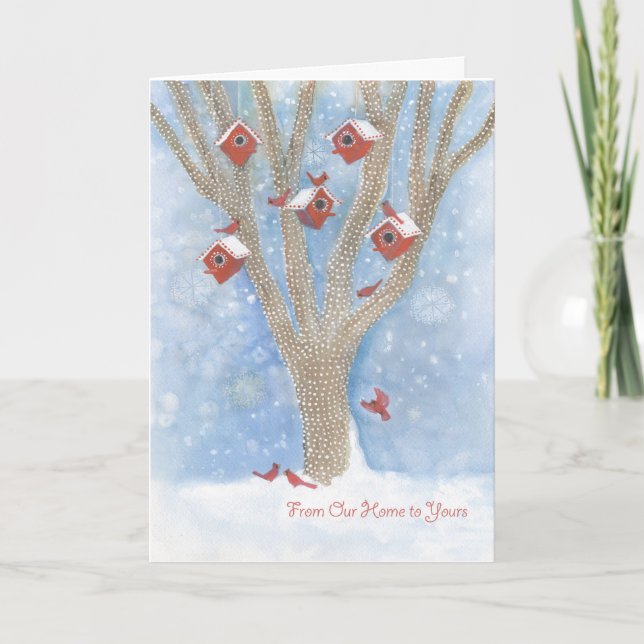 Cartes Pour Fêtes Annuelles Cardinaux de Noël avec maisons d'oiseaux dans l'ar (Devant)