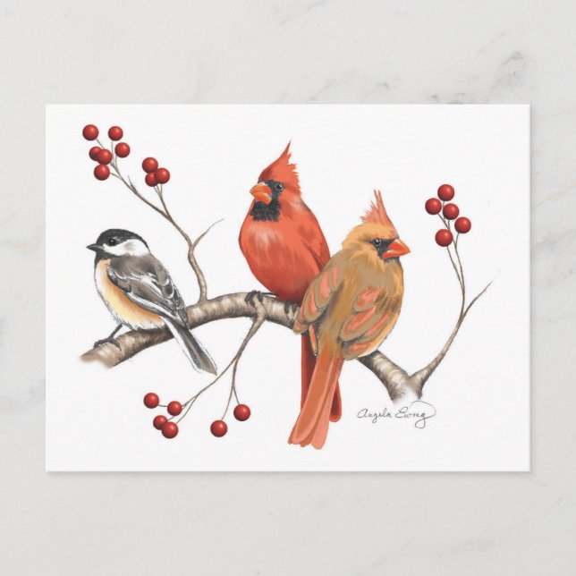 Cartes Pour Fêtes Annuelles Cardinaux et poulet aux baies rouges (Devant)