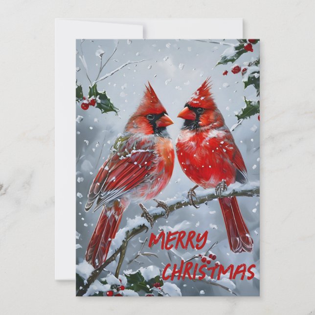 Cartes Pour Fêtes Annuelles Cardinaux rouges éclatants sur une branche enneigé (Devant)
