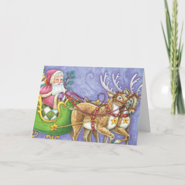 Cartes Pour Fêtes Annuelles Caricature de Noël Santa Claus Sleigh Reindeer (Devant)