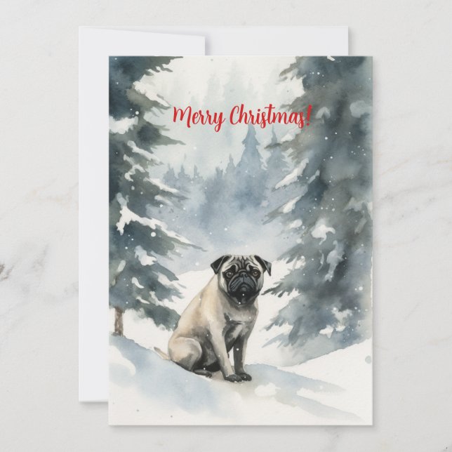 Cartes Pour Fêtes Annuelles Carlin Dans La Neige Aquarelle Noël (Devant)
