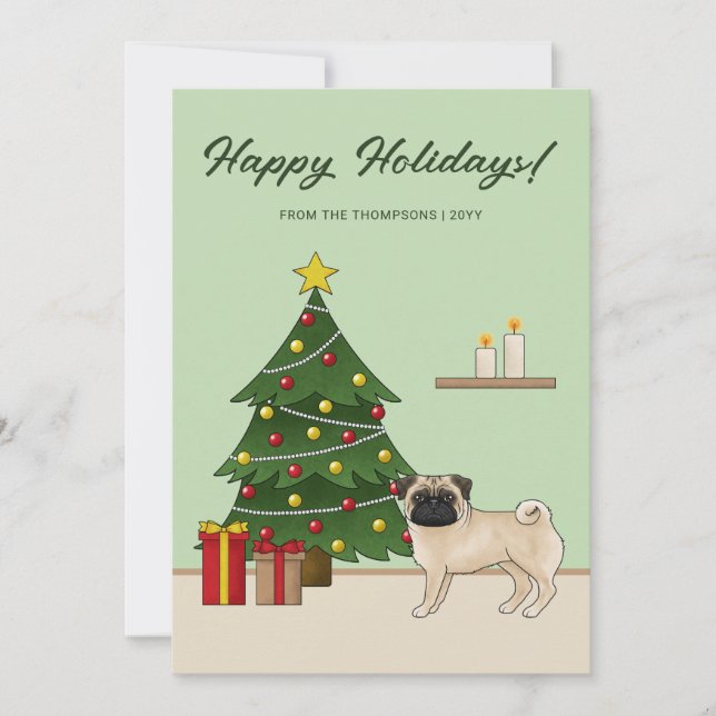 Cartes Pour Fêtes Annuelles Carlin Faune Mignonne Caricature Chien Avec Arbre  (Devant)