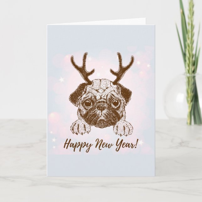 Cartes Pour Fêtes Annuelles Carlin mignon de renne de bonne année (Devant)