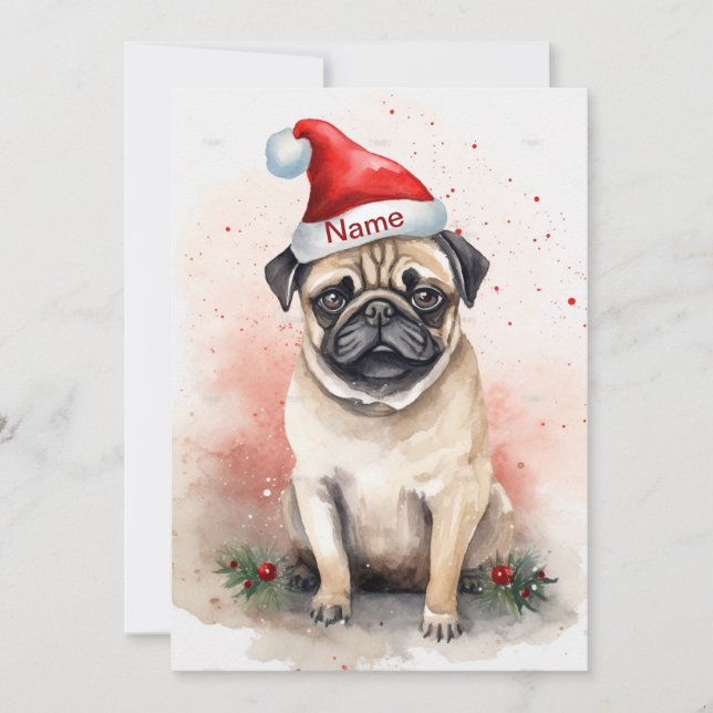Cartes Pour Fêtes Annuelles Carlin Noël Aquarelle Art avec Poinsettia (Devant)