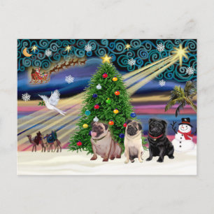 Cartes Pour Fêtes Annuelles Carlins magiques de Noël (trois, 2 faons, 1 noir)