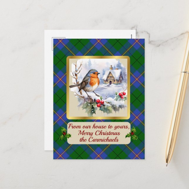 Cartes Pour Fêtes Annuelles Carmichael Tartan avec Robin Personnalisé (Devant/Arrière en situation)