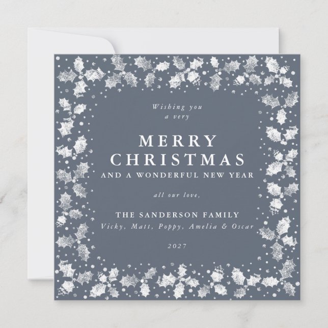 Cartes Pour Fêtes Annuelles Carré Bleu Main imprimée Holly Joyeux Noël (Devant)