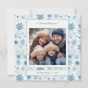Cartes Pour Fêtes Annuelles Carré flocon de neige bleu Photo de famille à l'aq
