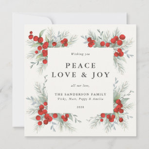 Cartes Pour Fêtes Annuelles Carré Red Berries Frontière Paix Amour + Joie Vaca