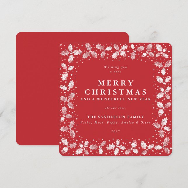 Cartes Pour Fêtes Annuelles Carré Rouge main imprimé Holly Joyeux Noël (Devant / Derrière)