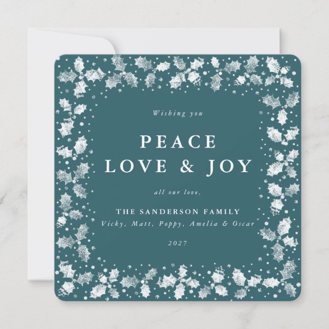 Cartes Pour Fêtes Annuelles Carré Vert Main Imprimé Holly Peace Love + Joy (Devant)