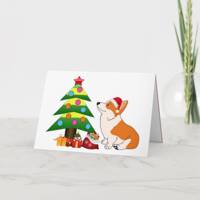 Cartes Pour Fêtes Annuelles Cartographie de Corgi de vacances avec arbre (Devant)