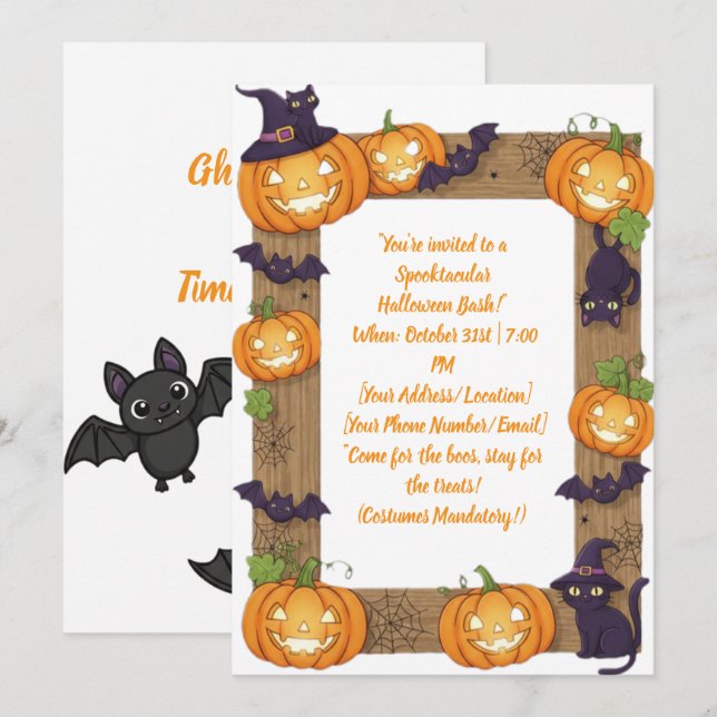 Cartes Pour Fêtes Annuelles Carton d'invitation d'Halloween à la citrouille et (Devant / Derrière)