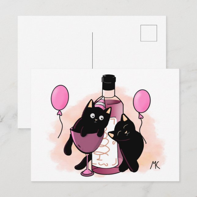 Cartes Pour Fêtes Annuelles Cartoon black Cats party with Balloons and Wine (Devant / Derrière)