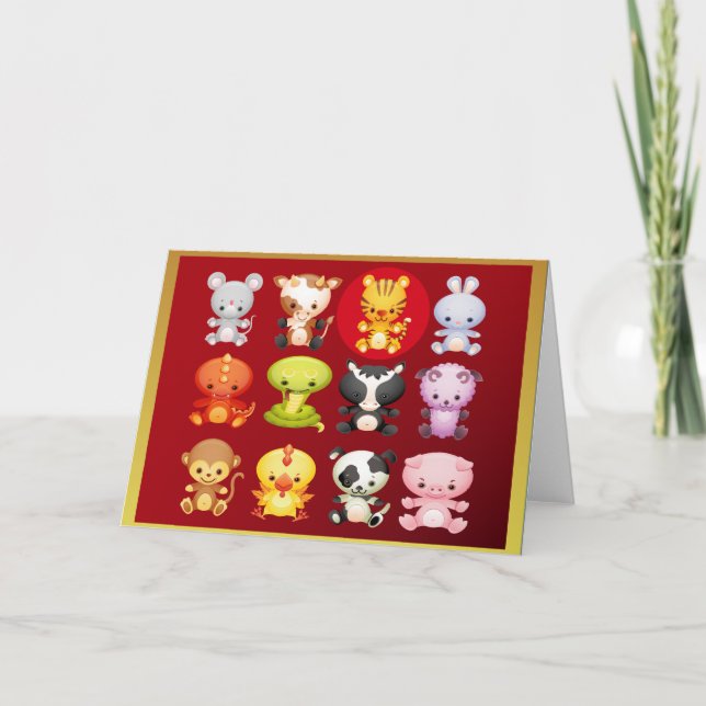 Cartes Pour Fêtes Annuelles Cartoon chinois Zodiac doux Tigres et animaux (Devant)