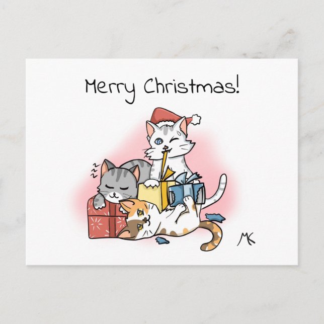 Cartes Pour Fêtes Annuelles Cartoon Kittens déballage Noël présents (Devant)