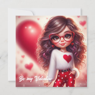 Cartes Pour Fêtes Annuelles Cartoon timide Valentine sassy fille avec coeur ro