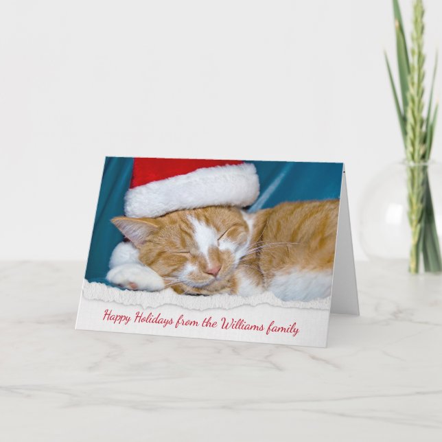 Cartes Pour Fêtes Annuelles Casquette de Noël sur le chat tigré (Devant)