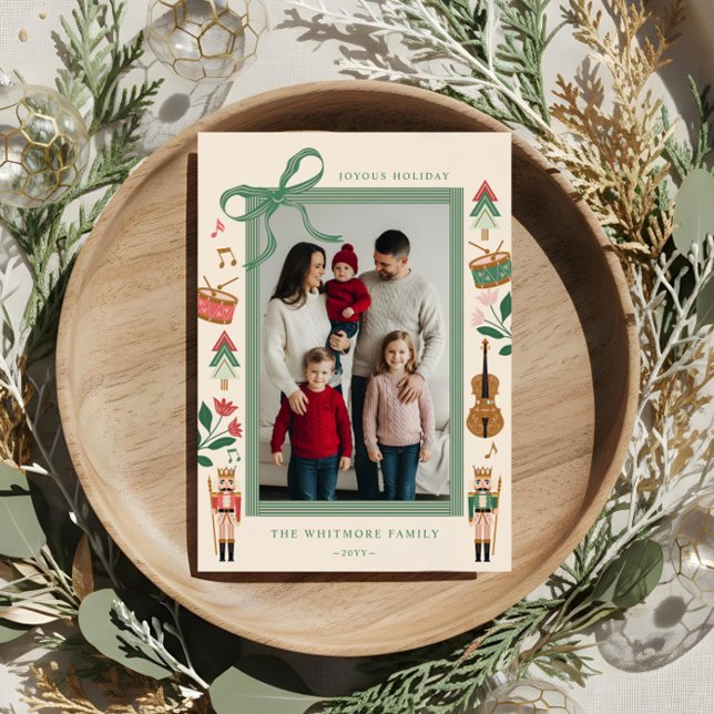 Cartes Pour Fêtes Annuelles Casse-noix moderne Bow Ribbon cadre photo (Modern Nutcracker Christmas Bow Ribbon Photo Frame Holiday Card)