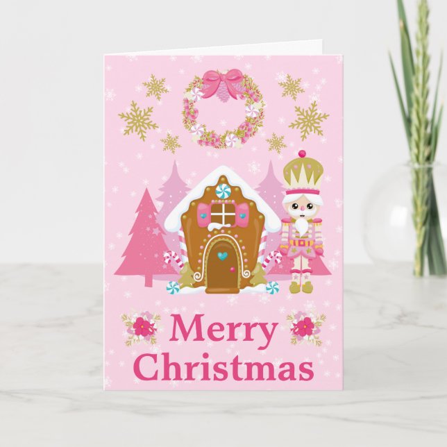 Cartes Pour Fêtes Annuelles Casse-noix rose et maison de pain d'épice (Devant)