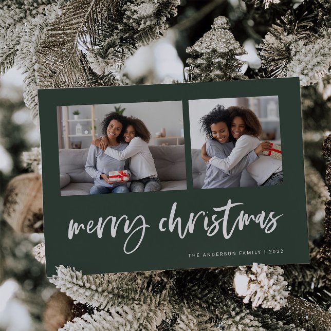 Cartes Pour Fêtes Annuelles Casual Script Two Photo Grid | Joyeux Noël (Créateur téléchargé)
