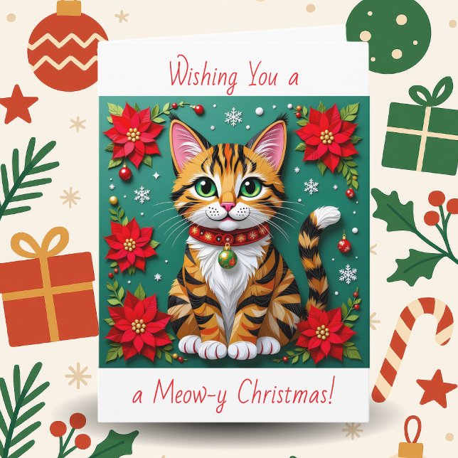 Cartes Pour Fêtes Annuelles Cat and Poinsettia Personalized Christmas (Créateur téléchargé)