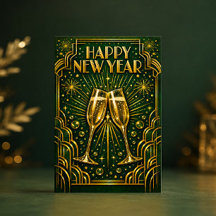 Cartes Pour Fêtes Annuelles Célébration de Champagne Art Déco en Or Emeraude