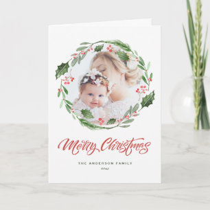 Cartes Pour Fêtes Annuelles Cercle de couronne de verdure Holly Photo Joyeux N
