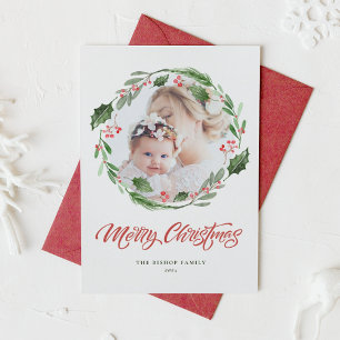 Cartes Pour Fêtes Annuelles Cercle de couronne de verdure Holly Photo Joyeux N