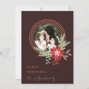 Cartes Pour Fêtes Annuelles Cercle rouge Brown Photo Poinsettia Joyeux Noël