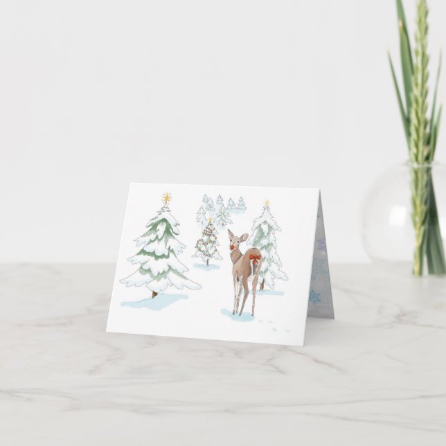 Cartes Pour Fêtes Annuelles Cerf dans le bois neigeux avec RedNose (Devant)