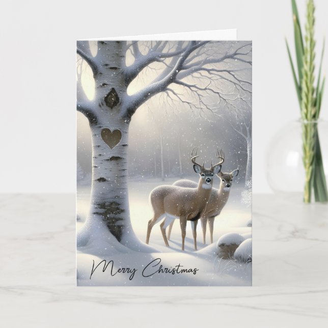 Cartes Pour Fêtes Annuelles Cerf de Noël debout près d'un bouleau (Devant)