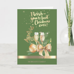 Cartes Pour Fêtes Annuelles Cerf de Noël d'or, Boule, Verre de vin, Bow