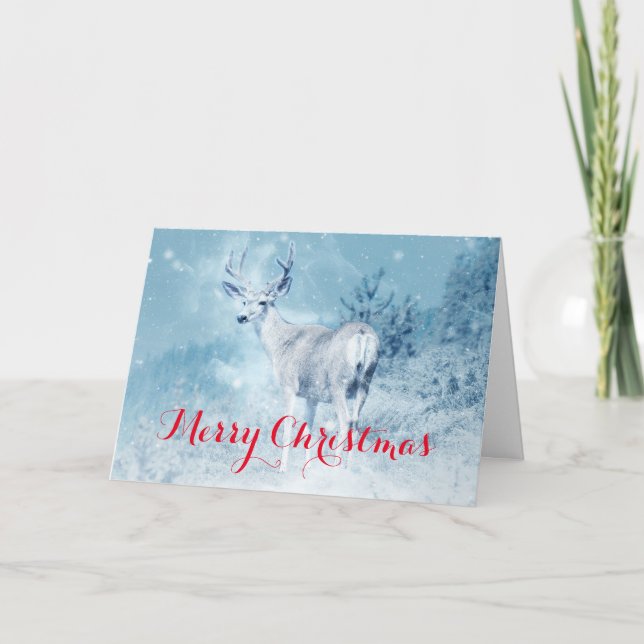 Cartes Pour Fêtes Annuelles Cerf d'hiver avec pins Joyeux Noël (Devant)