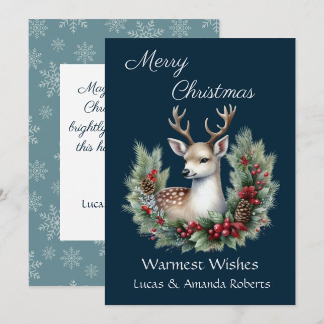 Cartes Pour Fêtes Annuelles Cerf paisible, avec couronne blanche, sur bleu fon (Devant / Derrière)