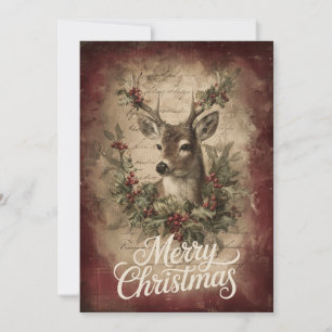 Cartes Pour Fêtes Annuelles Cerf Réaliste avec Couronne & Rouge Rustique
