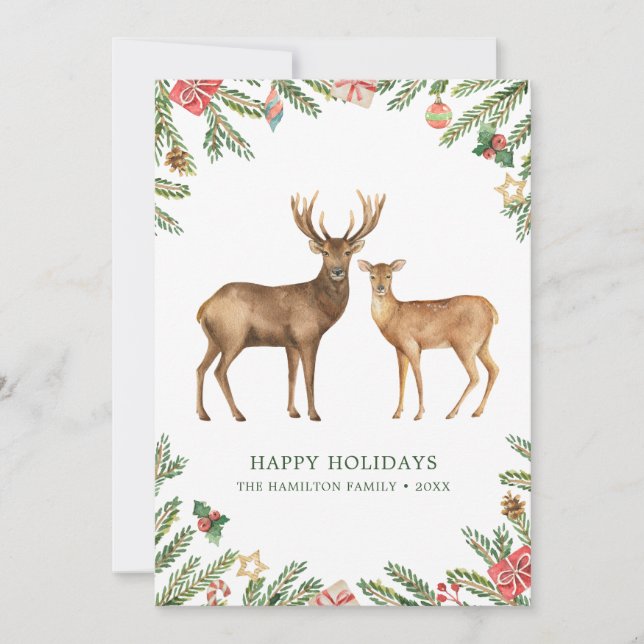 Cartes Pour Fêtes Annuelles Cerfs de vacances à l'aquarelle (Devant)
