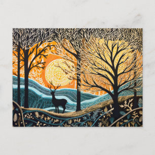 Cartes Pour Fêtes Annuelles Cerfs en paysage hivernal. Forêt Abstraite de lino