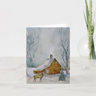Cartes Pour Fêtes Annuelles Cerfs et Cabine rustique dans la forêt de neige