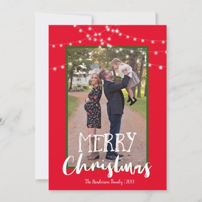 Cartes Pour Fêtes Annuelles Chaîne Lumières Rouge et Vert Photo Joyeux Noël (Devant)