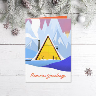 Cartes Pour Fêtes Annuelles Chalet de ski A Frame hivernal Rétro