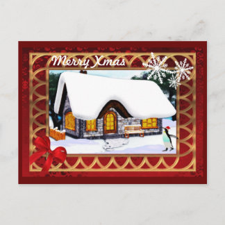 Cartes Pour Fêtes Annuelles Chalet d'hiver neige avec manchot noël
