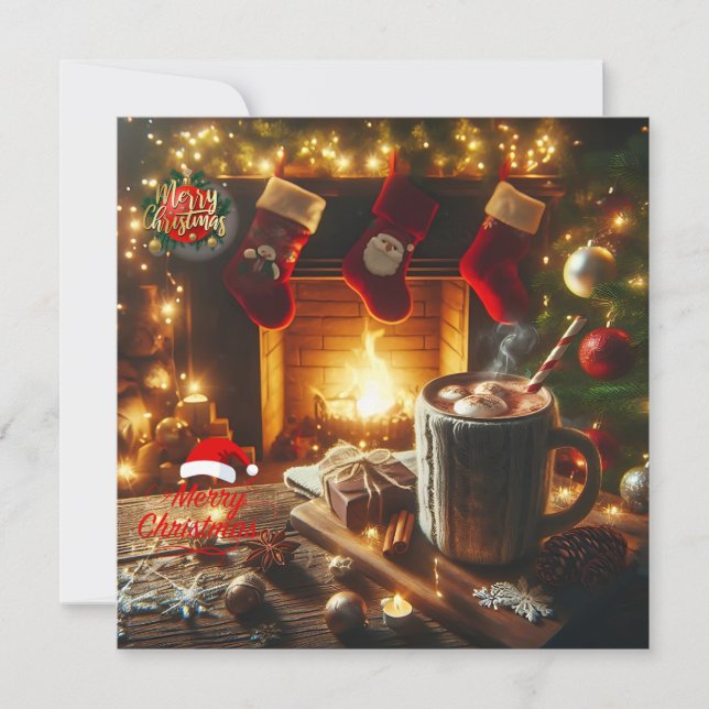 Cartes Pour Fêtes Annuelles Chaleureux voeux de Noël près de la cheminée (Devant)