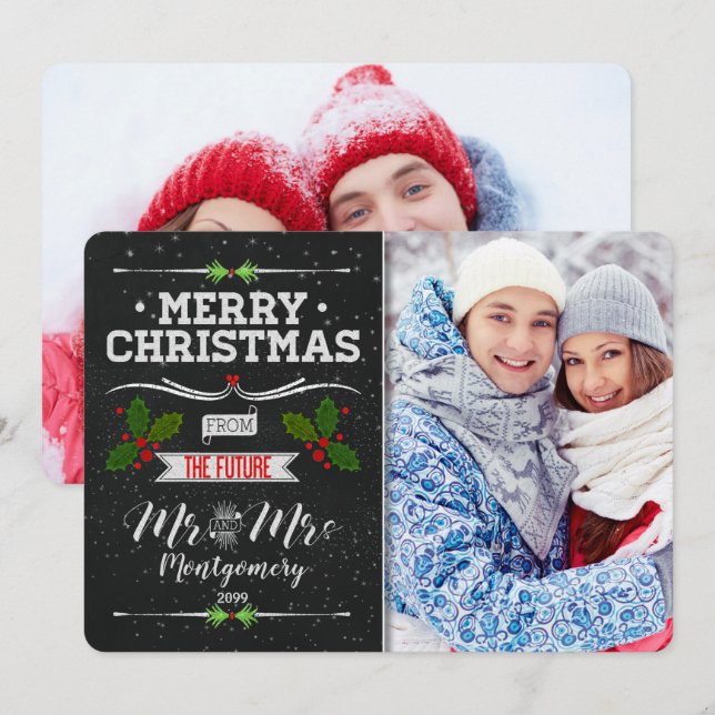 Cartes Pour Fêtes Annuelles Chalkboard Future M. et Mme Christmas 2 Photo (Devant / Derrière)