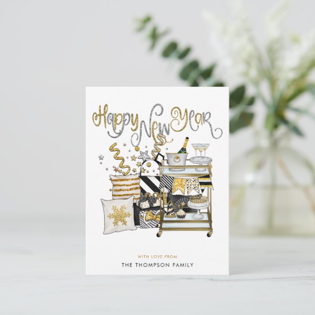 Cartes Pour Fêtes Annuelles Champagne Black Gold Parties scintillant Texte Bon (Debout devant)